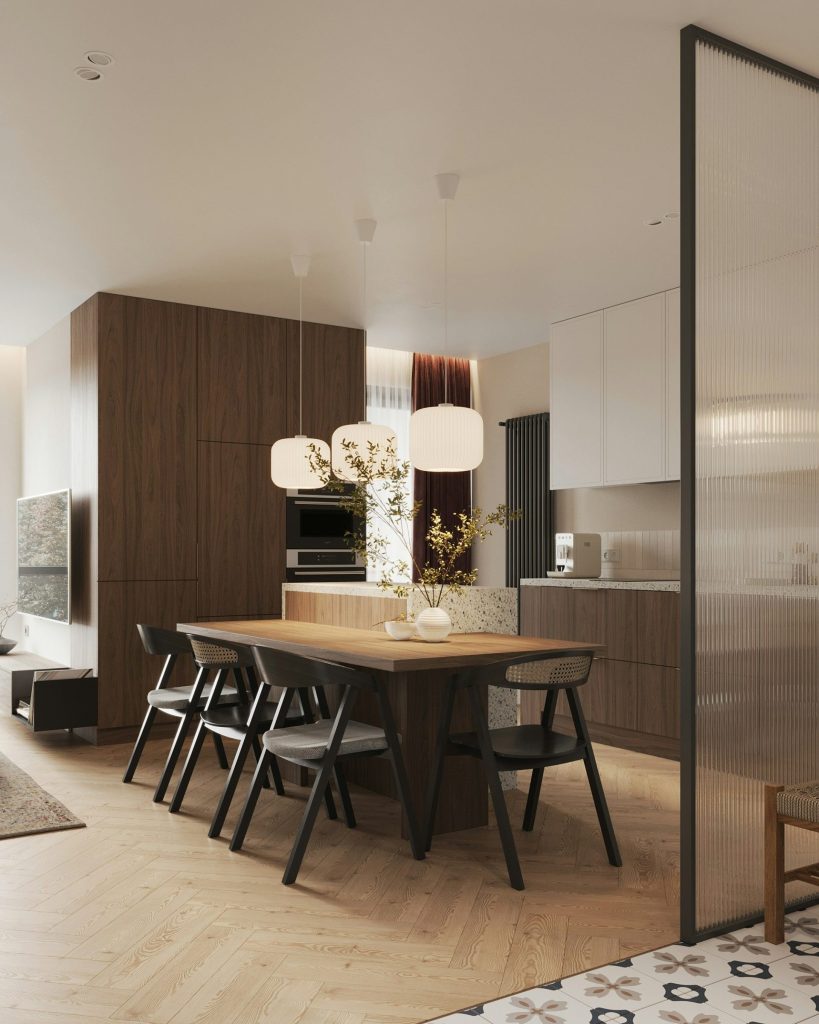 A dining room with a table and chairs